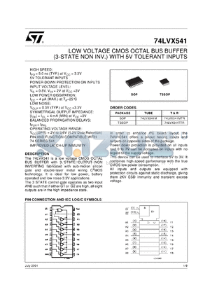 74LVX541MTR datasheet - LOW VOLTAGE CMOS OCTAL BUS BUFFER (3-STATE NON INV.)WITH 5V TOLERANT INPUTS