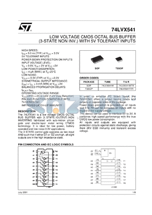 74LVX541TTR datasheet - LOW VOLTAGE CMOS OCTAL BUS BUFFER (3-STATE NON INV.)WITH 5V TOLERANT INPUTS
