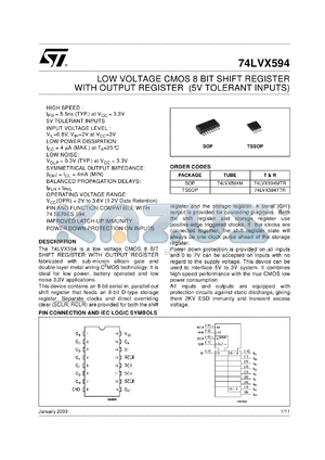 74LVX594M datasheet - LOW VOLTAGE CMOS 8 BIT SHIFT REGISTER WITH OUTPUT REGISTER WITH 5V TOLERANT INPUTS