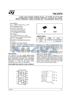 74LVX74MTR datasheet - LOW VOLTAGE DUAL D-TYPE FLIP FLOP WITH RESET AND CLEAR