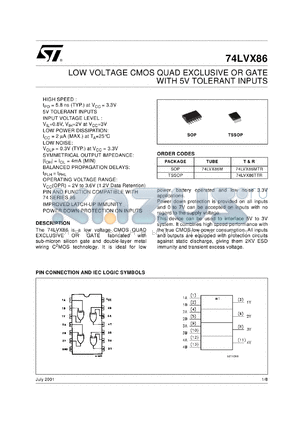 74LVX86TTR datasheet - LOW VOLTAGE CMOS QUAD EXCLUSIVE OR GATE