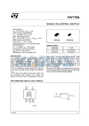 74V1T66STR datasheet - SINGLE BILATERAL SWITCH