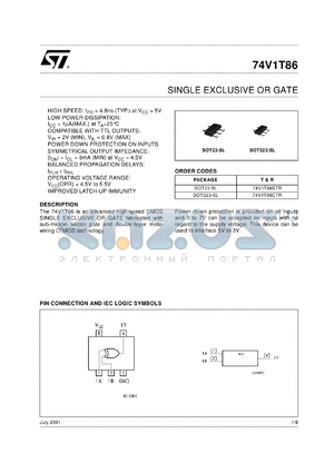 74V1T86CTR datasheet - SINGLE EXCLUSIVE OR GATE