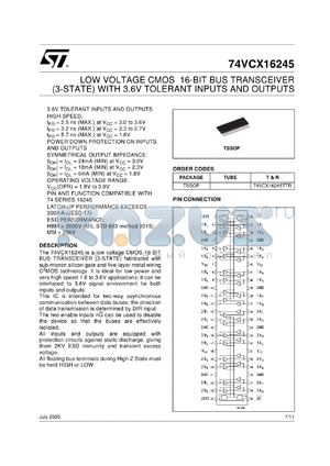 74VCX16245TTR datasheet - LOW VOLTAGE CMOS 16-BIT BUS TRANSCEIVER (3-STATE) WITH 3.6V TOLERANT INPUTS AND OUTPUTS