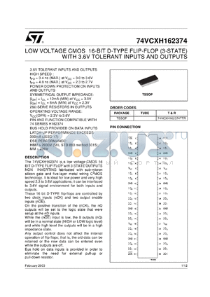 74VCXH162374TTR datasheet - LOW VOLTAGE 16-BIT D-TYPE FLIP FLOP (3-STATE) WITH 3.6V TOLERANT INPUTS AND OUTPUTS