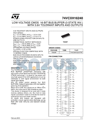 74VCXH16240TTR datasheet - LOW VOLTAGE CMOS 16-BIT BUFFER (3-STATE INV.) WITH 3.6V TOLERANT INPUTS AND OUTPUTS