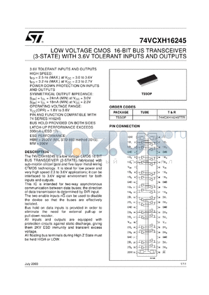 74VCXH16245TTR datasheet - LOW VOLTAGE CMOS 16-BIT TRANSCEIVER (3-STATE) WITH 3.6V TOLERANT INPUTS AND OUTPUTS