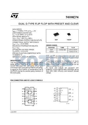 74VHC74TTR datasheet - DUAL D-TYPE FLIP FLOP WITH RESET AND CLEAR