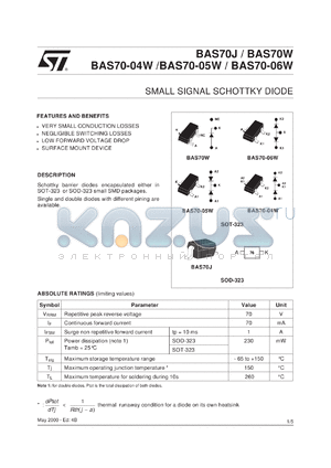 BAS70JFILM datasheet - SMALL SIGNAL SCHOTTKY DIODE