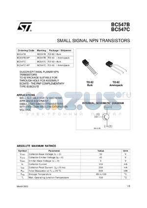 BC547B-AP datasheet - SMALL SIGNAL NPN TRANSISTORS