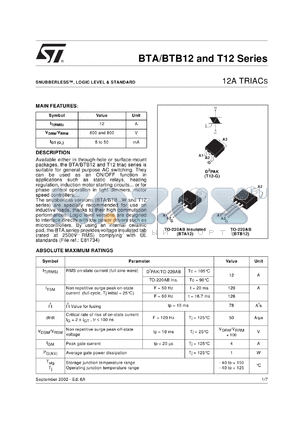 BTB112-800TW datasheet - 12A TRIACS
