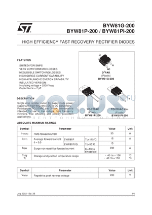 BYW81G-200 datasheet - HIGH EFFICIENCY FAST RECOVERY RECTIFIER DIODES