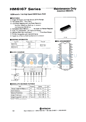 HM6167LP-8 datasheet - 16384-word x 1-bit high speed CMOS static RAM, 100ns