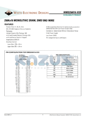 WMS256K16-25FGM datasheet - 25ns; 256K x 16 monilithic SRAM, SMD 5962-96902