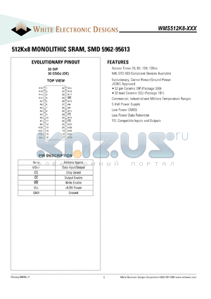 WMS512K8L-70CME datasheet - 15ns; 512K x 8 monolithic SRAM, SMD 5962-95613