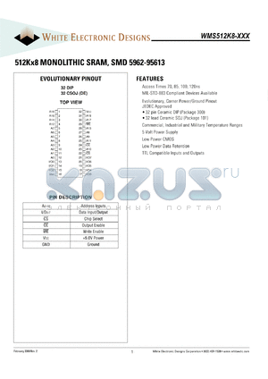 WMS512K8L-85CIEA datasheet - 85ns; 512K x 8 monolithic SRAM, SMD 5962-95613