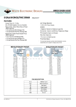 WMS512K8BV-20CME datasheet - 20ns; low voltage operation: 3.3V +-10% power supply; 512K x 8 monolithic SRAM