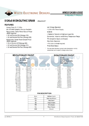 WMS512K8BV-15DJME datasheet - 15ns; low voltage operation: 3.3V +-10% power supply; 512K x 8 monolithic SRAM