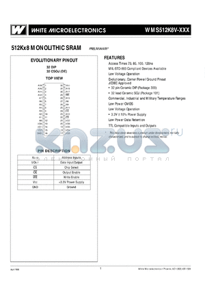 WMS512K8VL-85CCE datasheet - 70ns; low voltage operation: 3.3V +-10% power supply; 512K x 8 monolithic SRAM