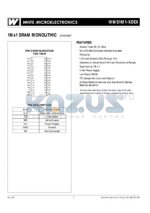 WMS1M1-20DEC datasheet - 70ns; 5V power supply; 1M x 1 monolithic SRAM