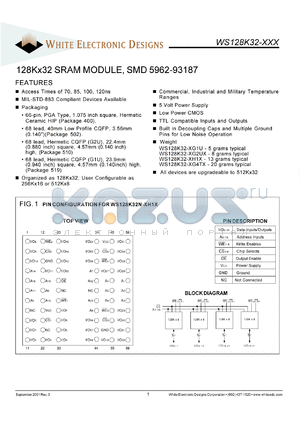 WS128K32N-70G1UIA datasheet - 70ns; 5V power supply; 128K x 32 SRAM module, SMD 5962-93187