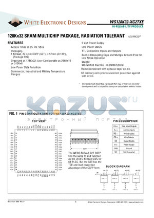 WS128K32-35G2TCE datasheet - 35ns; 5V power supply; 128K x 32 SRAM miltichip package, radiation tolerant