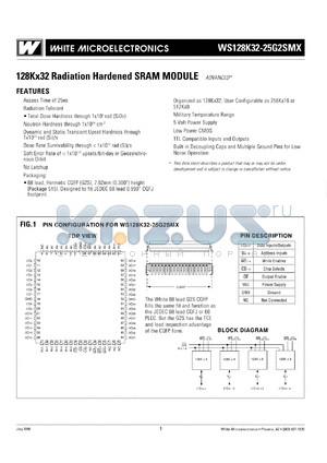 WS128K32-25G2SMNA datasheet - 25ns; 5V power supply; 128K x 32 radiation hardened SRAM module