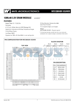 WS128K48V-15G4WM datasheet - 15ns; 3.3V power supply; 128K x 48 SRAM module