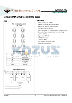 WS512K8-55CM datasheet - 55ns; 5V power supply; 512K x 8 SRAM module, SMD 5962-92078