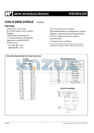 WS512K16-45DLIA datasheet - 45ns; 5V power supply - 3.3V parts also available; 512K x 16 SRAM module