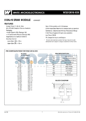 WS512K16-45DLI datasheet - 45ns; 5V power supply - 3.3V parts also available; 512K x 16 SRAM module