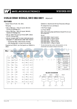 WS512K32N-70HME datasheet - 70ns; 5V power supply; 512K x 32 SRAM module, SMD 5962-94611