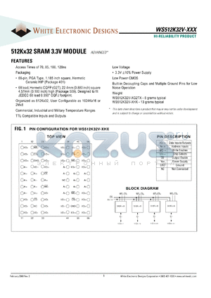 WS512K32NV-85HC datasheet - 85ns; 3.3V power supply; 512K x 32 SRAM module