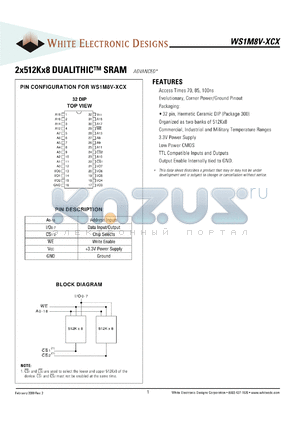 WS1M8V-100CCA datasheet - 100ns; 3.3V power supply; 2 x 512K x 8 dualithic module