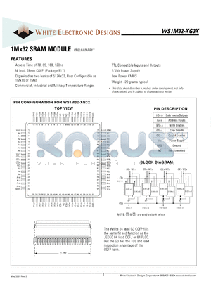 WS1M32-100G3C datasheet - 100ns; 5V power supply; 1 x 32 SRAM module