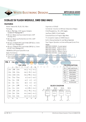 WF512K32F-100G4I5 datasheet - 100ns; 5V power supply; 512K x 32 flash module, SMD 5962-94612