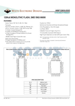 WMF128K8-100DEQ5A datasheet - 100ns; 5V power supply; 128K x 8 monolitihic flash, SMD 5962-96690