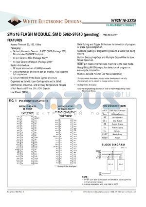 WF2M16W-150DAM5 datasheet - 150ns; 5V power supply; 2M x 16 flash module, SMD 5962-97610 - pending