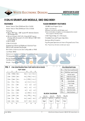 WSF512K16-729G2IA datasheet - 72ns; 5V power supply; 512K x 16 SRAM / flash module, SMD 5962-96901