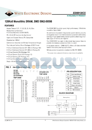 EDI88130CS20CI datasheet - 20ns; 5V power supply; 128K x 8 monolithic SRAM, SMD 5962-89598
