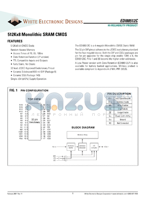 EDI88512C100CB datasheet - 100ns; 5V power supply; 512K x 8 monolithic SRAM CMOS