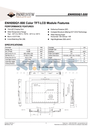 ENH050Q1-500 datasheet - Display size: 13cm; No. of pixels: 74,880; dot format: 320xRGBx234; dot pitch: 0.1065x0.3195; color TFT-LCD module feature