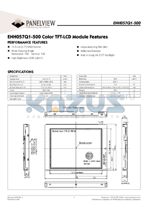 ENH057Q1-500 datasheet - Display size: 14.5cm; dot format: 320xRGBx240; dot pitch: 0.12x0.36; color TFT-LCD module feature