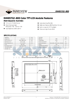 ENH057Q1-800 datasheet - Display size: 14.5cm; dot format: 320xRGBx240; dot pitch: 0.12x0.36; color TFT-LCD module feature