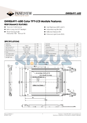ENH064V1-1300 datasheet - Display size: 16cm; dot format: 640xRGBx480mm; dot pitch: 0.068x0.202mm; color TFT-LCD module feature