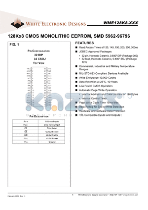 WME128K8-300DEM datasheet - 300ns; 5.5V power supply; 128K x 8 CMOS monolithic EEPROM, SMD 5962-96796