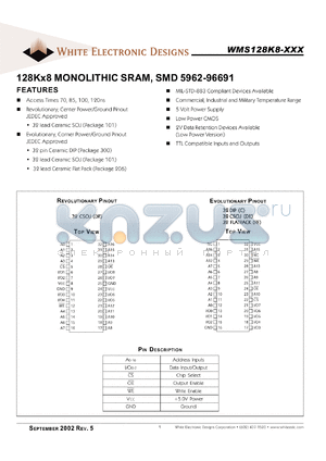 WMS128K8L-100CMA datasheet - 100ns; 5V power supply; 128K x 8 CMOS monolithic SRAM, SMD 5962-96691