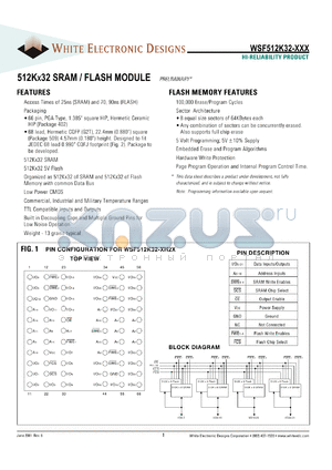 WSF512K32-27H2M datasheet - 25ns SRAM and 70ns FLASH; 5V power supply; 512K x 32 SRAM/flash module