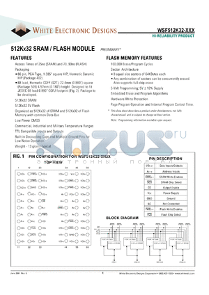 WSF512K32-27H2IA datasheet - 25ns SRAM and 70ns FLASH; 5V power supply; 512K x 32 SRAM/flash module