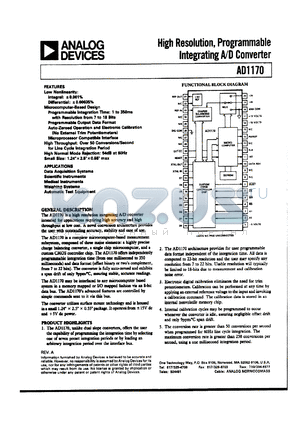 AD1170 datasheet - High resolution, programmable integrating A/D converter. For data acquisition systems, scientific instruments, medical instruments
